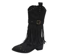 Generisch Western Bottines de cowboy pour femme avec franges, talon bloc, bottes western, boucle de ceinture, bottes d'équitation, bottines vintage, bottes de transition western, Noir , 41 EU