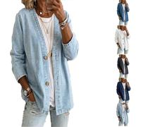 Generisch Women's Classic Button Front Denim Jacket - V-Neck, Long Sleeve Roll Up Boyfriend Jean Jacket Shacket, 2026 New Denim Blazer for Women, Breathable Fabric & Relaxed Fit (Light blue,TTG)
