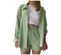 Generisch Y2K Streatwear Ensemble 2 pièces pour femme - Élégant chemisier et short en mousseline - Combinaison de loisirs esthétique respirante - Survêtement de sport surdimensionné - Manches longues