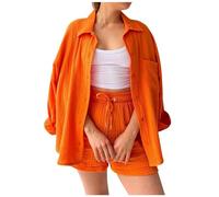 Generisch Y2K Streatwear Ensemble 2 pièces pour femme - Élégant chemisier et short en mousseline - Combinaison de loisirs esthétique respirante - Survêtement de sport surdimensionné - Manches longues