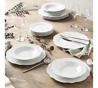 Geneviève Lethu 545865 Service de Table 18 Pièces en Porcelaine - Collection Vienne - Assiettes Plates Ø27 cm, Creuses Ø22 cm, Dessert Ø19,2 cm - Forme Festonnée Élégante - Pour 6 Personnes