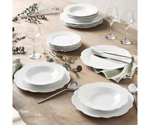 Geneviève Lethu 545865 Service de Table 18 Pièces en Porcelaine - Collection Vienne - Assiettes Plates Ø27 cm, Creuses Ø22 cm, Dessert Ø19,2 cm - Forme Festonnée Élégante - Pour 6 Personnes