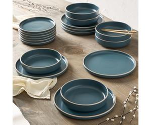 Geneviève Lethu 545869 Service de Table en Grès Bleu 18 pièces pour 6 personnes - Assiettes plates, assiettes creuses, assiettes à dessert - Forme droite, bord émail collection AEKI