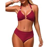 Genfien Maillot de Bain Femme 2 Pièces Halter Bikini Triangle Joint Torique Taille Moyenne Rembourré Réglable Sexy Col V Élégant Beachwear Été