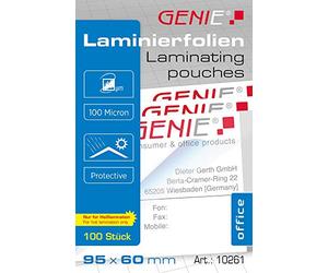 Genie 10261 Pack de 100 pochettes à plastifier 100 microns pour format carte de visite 95 x 60 mm, compatibles avec toutes les plastifieuses thermiques