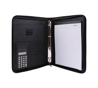 Genie 10742 Porte-documents A4 avec classeur et calculatrice intégrés, plastique résistant aspect cuir avec fermeture Éclair, bloc-notes A4 et porte-stylo Noir