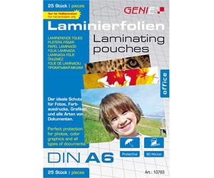 Genie 10783 Pack de 25 pochettes à plastifier 80 microns pour format jusque A6 compatibles avec toutes les plastifieuses thermiques