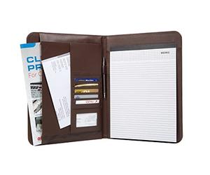 Genie Porte-documents A4 élégant Wiesbaden (Ultra-fin et résistant, similicuir, avec bloc-notes, porte-stylo, pochette, poche pour cartes de visite) marron
