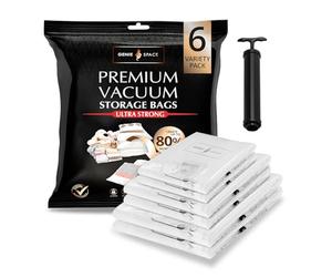 GENIE SPACE Sacs de Rangement Sous Vide Premium pour Vêtements, Linge et Voyage, Pack Variété 6 (2 XL + 2 L + 2 M), Hermétiques, Réutilisables et Anti-Odeur, Gain de Place, Lot avec Pompe de Voyage