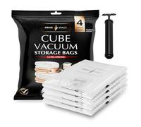 GENIE SPACE Sacs Sous Vide Cube Premium pour Vêtements, Linge et Rangement, Taille Maxi 110×90×45 cm, Hermétiques, Réutilisables et Anti-Odeur, Gain de Place, Lot de 4 avec Pompe de Voyage
