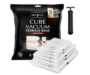 GENIE SPACE Sacs Sous Vide Cube Premium pour Vêtements, Literie et Rangement, Pack Variété 5 (1 Maxi + 2 XL + 2 L), Hermétiques, Réutilisables et Anti-Odeur, Gain de Place, Lot avec Pompe de Voyage