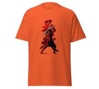 Geniogoods T-shirt inspiré d'Assassin's Creed Shadows, œuvre d'art Naoe Samurai fabriquée en fan avec silhouette rouge et noire, esthétique guerrier japonais pour les joueurs, Orange, L