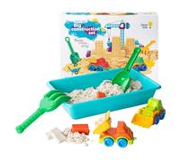 GenioKids Kit Sable Magique Chantier de Construction 1Kg avec Bac, Camion, Tractopelle, Pelle, Râteau et Briques - Non Toxique pour Enfants de 3 Ans