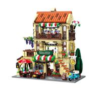 Geniteen Ensemble de Blocs de Construction pour Pizzeria Italienne, 1962 Pièces, Kit d'Architecture de Maison de Ville Restaurant Créatif avec Moto Modèle MOC à Monter Soi-Même Jouet DIY pour Adultes