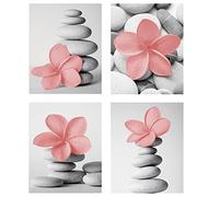 Genius Decor Lot de 4 impressions d'art zen pour salle de bain, jaune gris, fleur et galets, chambre à coucher, spa, sans cadre, 20,3 x 25,4 cm (rose, 20,3 x 25,4 cm)