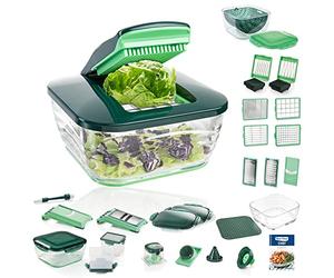 Genius Nicer Dicer Chef Deluxe XXL 37 pièces avec bol en verre, coupe-tomates, légumes et passoire 3 en 1, hachoir à oignons, coupe-frites, vert