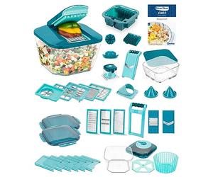 Genius Nicer Dicer Chef Professional Deluxe Coupe-légumes manuel 39 pièces avec récipient de 5,2 l et couvercle de bol en verre de 2,8 l