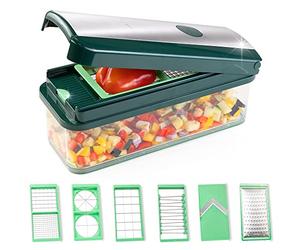 Genius Nicer Dicer Exclusive Coupe-légumes 15 pièces + coupe-tomates Set 4 inserts + râpe grossière et raboteuse + récipient de récupération 2500 ml Vert