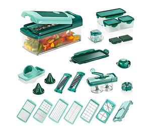 Genius Nicer Dicer Fusion Smart Set 34 Pièces Menthe | Coupe-légumes manuel 34 pièces, Lames acier inoxydable GNOX, Capacité 1,25 L, Dimensions 24,7 × 11,6 × 11,1 cm