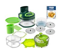 Genius Nicer Dicer Pegasus Hachoir à légumes Deluxe - 20 pièces - Couvercle à traction manuelle - Faible effort - Coupe-légumes pour un travail rapide et sûr + essoreuse à salade - Vert