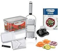 Genius Nicer Dicer Speed Set de 9 râpes multifonctions - Coupe-légumes avec 3 inserts, porte-aliments et bac de récupération 550 ml | Râpe à parmesan, râpe à julienne et râpe en V