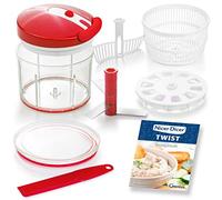 Genius Nicer Dicer Twist Lot de 9 hachoirs universels Rouge - Coupe-légumes manuel avec cordon, essoreuse à salade et tamis - Coupe-oignons pour hacher + purée 1000 ml