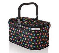 Genius Panier à provisions Falko de qualité supérieure - Noir à pois multicolores - 22 l - Pliable - Avec couvercle - Avec poignée en aluminium - Pour les déplacements