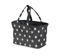 Genius Sac de courses Falko Light noir avec étoiles blanches - Grand panier à provisions pliable - 22 l - Avec fond - Panier de transport avec bandoulière - Pour les déplacements - Gris - Étoiles