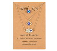 Genkigold Colliers Oeil Maléfique et Hamsa Plaqué Or 18K/Platine - Diamants de Laboratoire Éclatants,Pendentif Main Œil Bleu Turc - Cadeau de Bijoux de Protection Chanceux en 3 Pièces pour Femme Fille