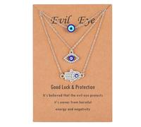 genkigold Colliers Oeil Maléfique et Hamsa Plaqué Platine - Diamants de Laboratoire Éclatants,Pendentif Main Œil Bleu Turc - Cadeau de Bijoux de Protection Chanceux en 3 Pièces pour Femme Fille