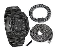 genkigold Montre en Diamants pour Ados Garçon - Cadran Carré 40mm Chiffres Romains - Plaqué Noir Rhodié Bracelet 18,5cm - Outil de Réglage Inclus, Associé à Chaînes Cubaines de 18cm+40cm