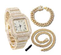genkigold Montre en Diamants pour Ados Garçon - Cadran Carré 40mm Chiffres Romains - Plaqué Or Véritable 18K Bracelet 18,5cm - Outil de Réglage Inclus, Associé à Chaînes Cubaines de 18cm+40cm