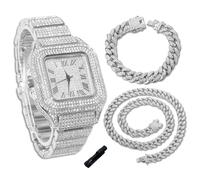 genkigold Montre en Diamants pour Ados Garçon - Cadran Carré 40mm Chiffres Romains - Plaqué Platine Bracelet 18,5cm - Outil de Réglage Inclus, Associé à Chaînes Cubaines de 18cm+40cm