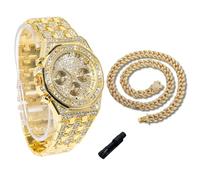 genkigold Montre en Diamants pour Ados Garçon - Cadran Octogonal 38mm Chiffres Romains - Plaqué Or Véritable 18K Bracelet 19,5cm - Outil de Réglage Inclus, Associé à Chaîne Cubaine de 40cm