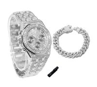 genkigold Montre en Diamants pour Ados Garçon - Cadran Octogonal 38mm Chiffres Romains - Plaqué Platine Bracelet 19,5cm - Outil de Réglage Inclus, Associé à Chaîne Cubaine de 18cm