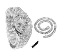 genkigold Montre en Diamants pour Ados Garçon - Cadran Octogonal 38mm Chiffres Romains - Plaqué Platine Bracelet 19,5cm - Outil de Réglage Inclus, Associé à Chaîne Cubaine de 40cm