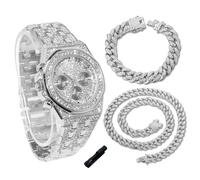 genkigold Montre en Diamants pour Ados Garçon - Cadran Octogonal 38mm Chiffres Romains - Plaqué Platine Bracelet 19,5cm - Outil de Réglage Inclus, Associé à Chaînes Cubaines de 18cm+40cm