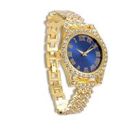 genkigold Montre en Diamants pour Ados Garçon - Cadran Rond 37mm Chiffres Romains en Bleue - Plaqué Or 18K Bracelet 20cm - Boîte à Cadeau Inclus