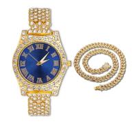 genkigold Montre en Diamants pour Ados Garçon - Cadran Rond 37mm Chiffres Romains en Bleue - Plaqué Or 18K Bracelet 20cm - Boîte à Cadeau Inclus, Associé à Chaîne Cubaine de 40cm