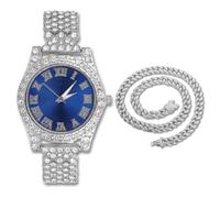 genkigold Montre en Diamants pour Ados Garçon - Cadran Rond 37mm Chiffres Romains en Bleue - Plaqué Platine Bracelet 20cm - Boîte à Cadeau Inclus, Associé à Chaîne Cubaine de 40cm