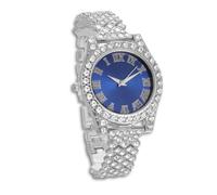 genkigold Montre en Diamants pour Ados Garçon - Cadran Rond 37mm Chiffres Romains en Bleue - Plaqué Platine Bracelet 20cm - Boîte à Cadeau Inclus