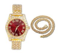 genkigold Montre en Diamants pour Ados Garçon - Cadran Rond 37mm Chiffres Romains en Rouge - Plaqué Or 18K Bracelet 20cm - Boîte à Cadeau Inclus, Associé à Chaîne Cubaine de 40cm