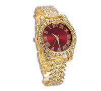 genkigold Montre en Diamants pour Ados Garçon - Cadran Rond 37mm Chiffres Romains en Rouge - Plaqué Or 18K Bracelet 20cm - Boîte à Cadeau Inclus