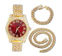genkigold Montre en Diamants pour Ados Garçon - Cadran Rond 37mm Chiffres Romains en Rouge - Plaqué Or 18K Bracelet 20cm - Boîte à Cadeau Inclus, Associé à Chaînes Cubaines de 18cm+40cm