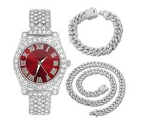 genkigold Montre en Diamants pour Ados Garçon - Cadran Rond 37mm Chiffres Romains en Rouge - Plaqué Platine Bracelet 20cm - Boîte à Cadeau Inclus, Associé à Chaînes Cubaines de 18cm+40cm