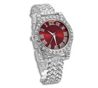 genkigold Montre en Diamants pour Ados Garçon - Cadran Rond 37mm Chiffres Romains en Rouge - Plaqué Platine Bracelet 20cm - Boîte à Cadeau Inclus