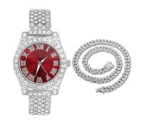 genkigold Montre en Diamants pour Ados Garçon - Cadran Rond 37mm Chiffres Romains en Rouge - Plaqué Platine Bracelet 20cm - Boîte à Cadeau Inclus, Associé à Chaîne Cubaine de 40cm