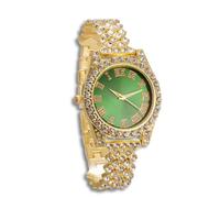 genkigold Montre en Diamants pour Ados Garçon - Cadran Rond 37mm Chiffres Romains en Verte - Plaqué Or 18K Bracelet 20cm - Boîte à Cadeau Inclus
