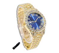 genkigold Montre en Diamants pour Ados Garçon - Cadran Rond 42mm Chiffres Romains en Bleue - Plaqué Or 18K Bracelet 20cm - Outil de Réglage Inclus