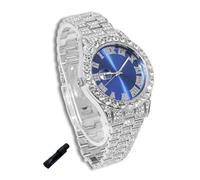 genkigold Montre en Diamants pour Ados Garçon - Cadran Rond 42mm Chiffres Romains en Bleue - Plaqué Platine Bracelet 20cm - Outil de Réglage Inclus